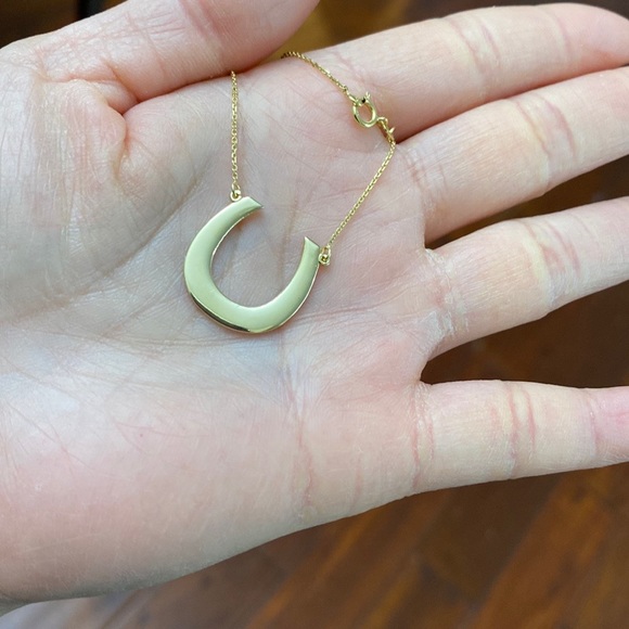 14k Solid Gold Open Horseshoe Horse Shoe Lucky Pendant Necklace - Picture 2 of 7